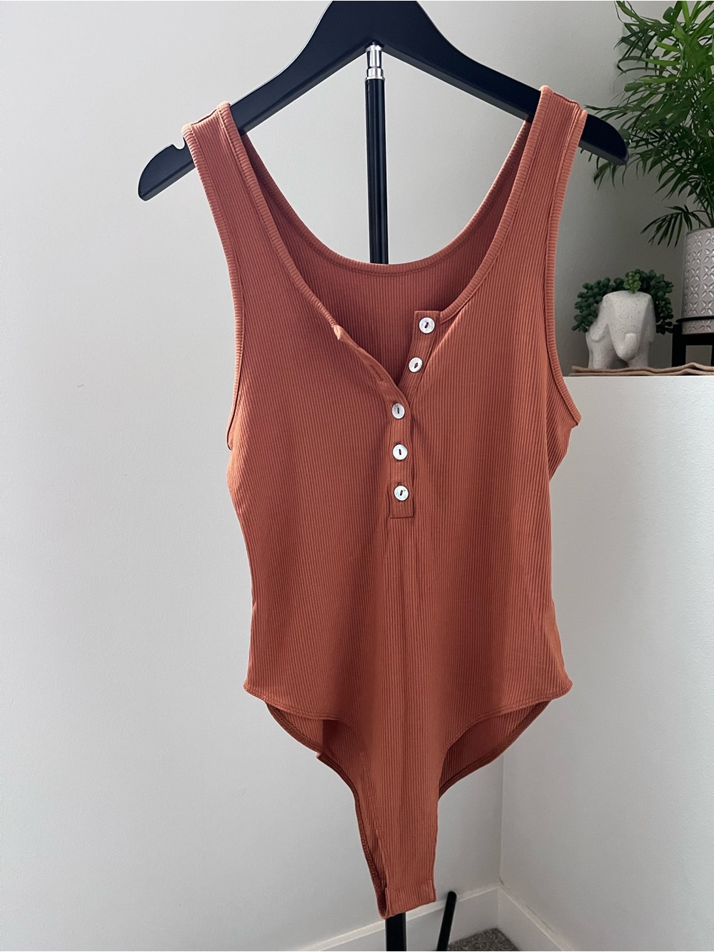 Ribbed Button-Front Tank Bodysuit - Rust